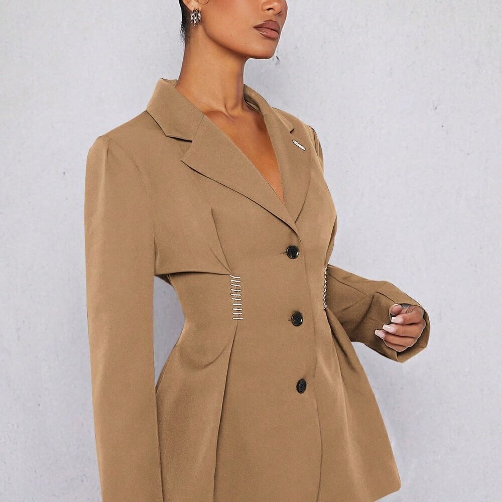 Camel Elegant Women's Pleated Flare Hem Button Up Blazer - Picture 3 of 5
